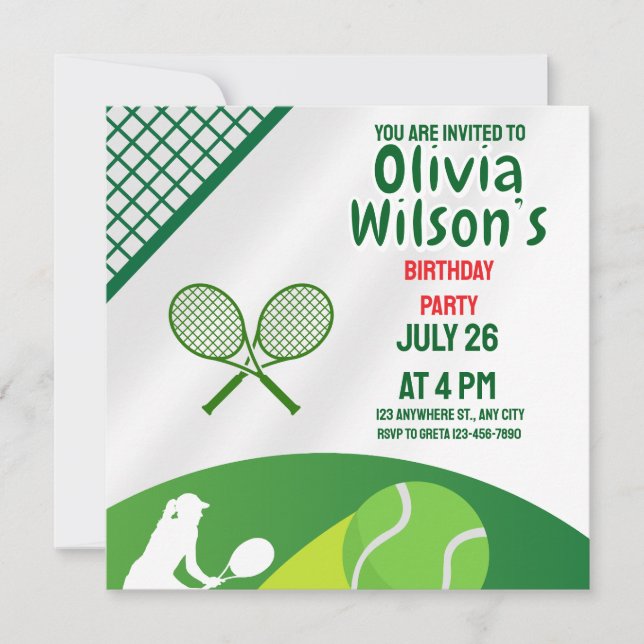 Invitación Fiesta de cumpleaños de tenis, Chica de tenis invi (Anverso)