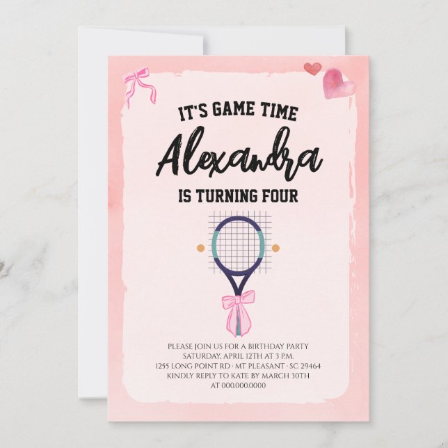 Invitación Fiesta de Cumpleaños de Tenis Coquette con Lazo Ro (Anverso)