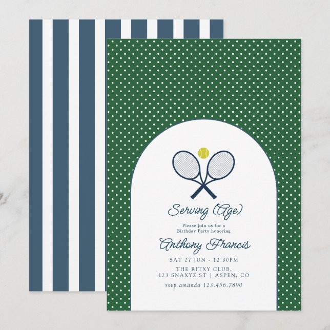 Invitación Fiesta de Cumpleaños de Tenis de Edad de Servicio  (Anverso / Reverso)