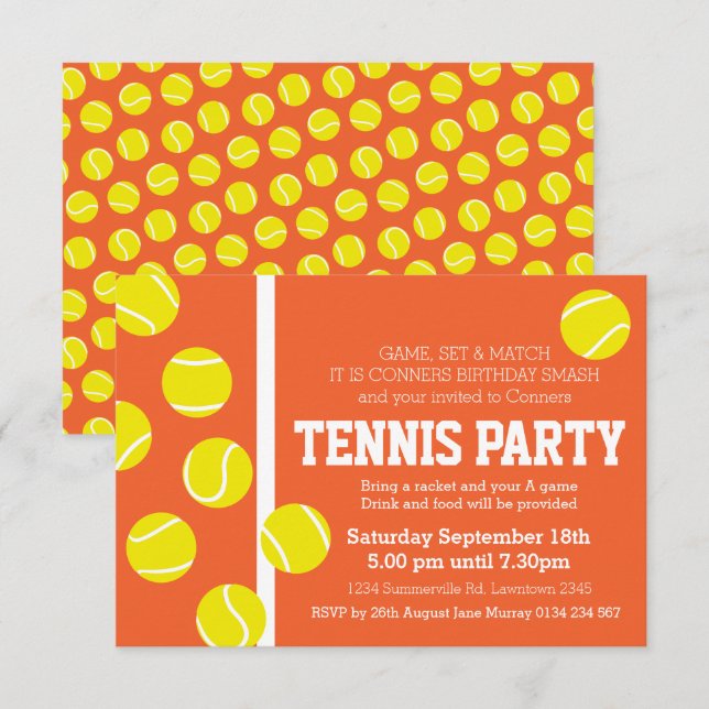 Invitación Fiesta de cumpleaños de tenis invita a pista de ar (Anverso / Reverso)