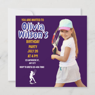 Invitación Fiesta de cumpleaños de tenis, niña jugadora de te