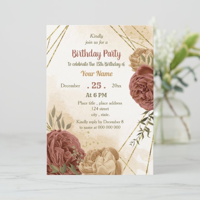 Invitación fiesta de cumpleaños de terracota earthy floral (Anverso de pie)