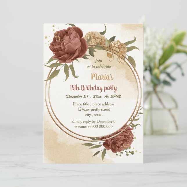 Invitación fiesta de cumpleaños de terracota earthy floral (Anverso de pie)