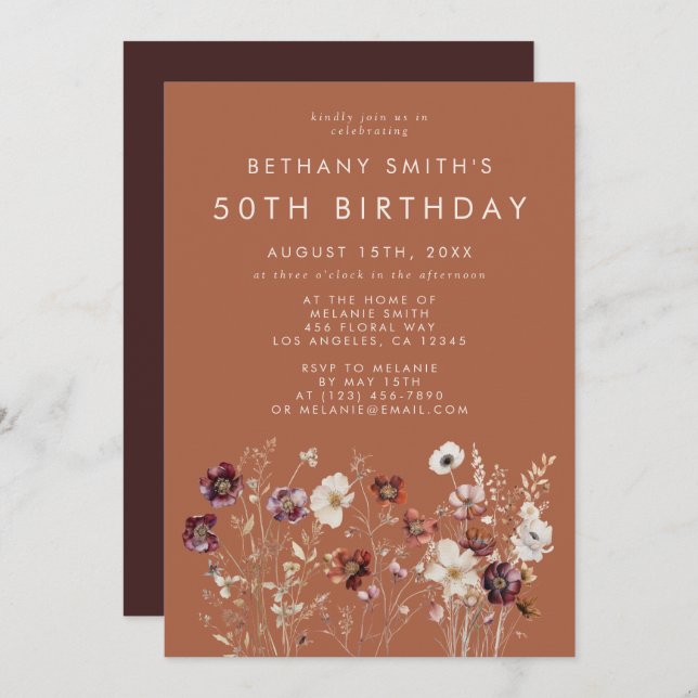 Invitación Fiesta de cumpleaños de Terracotta Floral de otoño (Anverso / Reverso)