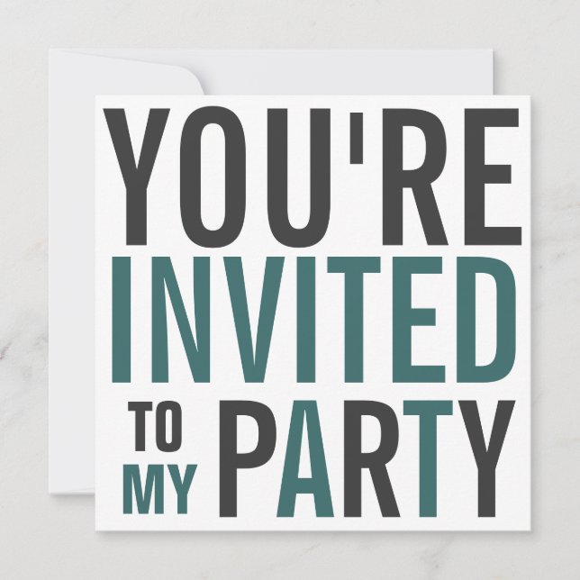 Invitación Fiesta de cumpleaños de texto Verde azulado y gris (Anverso)