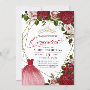 Invitación Fiesta de cumpleaños de tiara dorada de rosa rojo 
