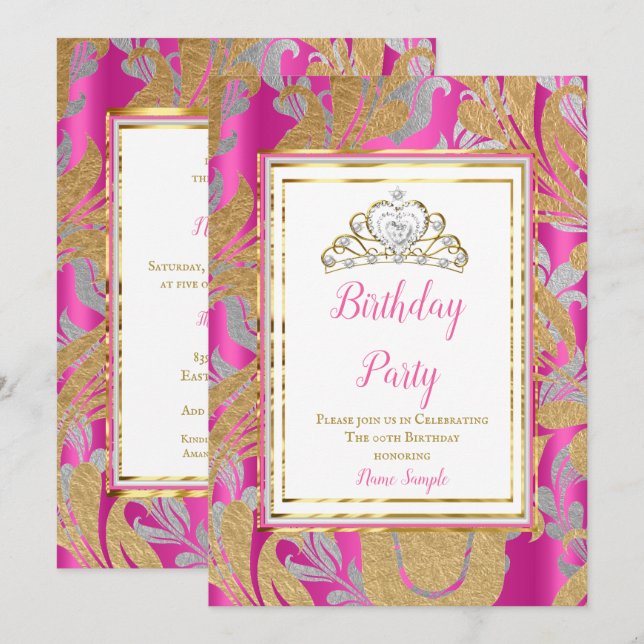 Invitación Fiesta de cumpleaños de Tiara Gray Gray Gold Pink  (Anverso / Reverso)
