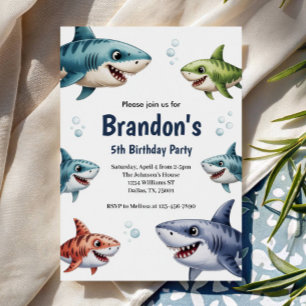 Invitación Fiesta de Cumpleaños de Tiburón con Acuarela de Ni