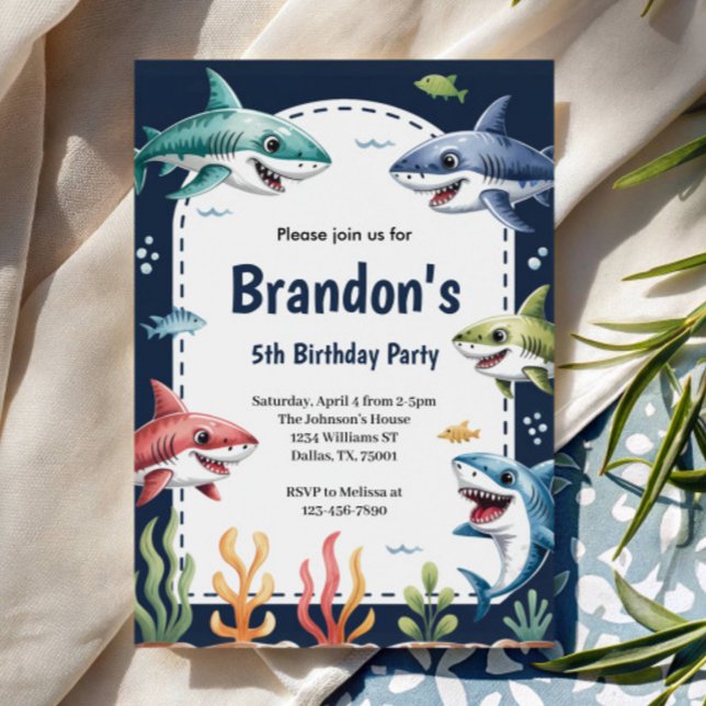 Invitación Fiesta de Cumpleaños de Tiburón con Niños Lindos e (Subido por el creador)