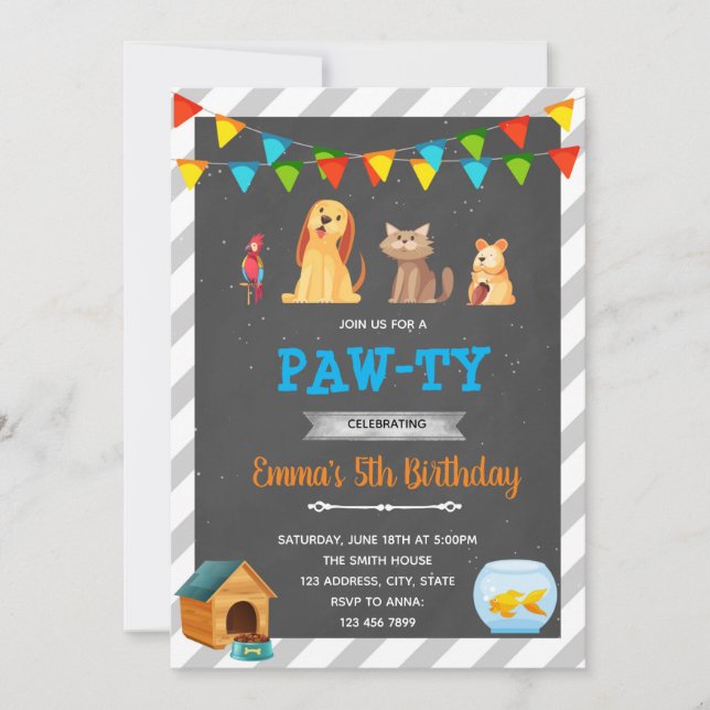 Invitación fiesta de cumpleaños de tienda de mascotas (Anverso)