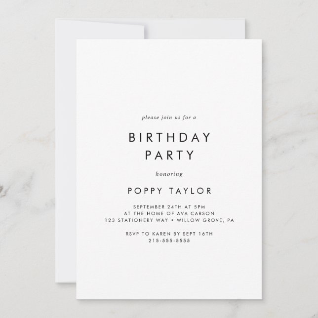 Invitación Fiesta de cumpleaños de tipografía de moda (Anverso)