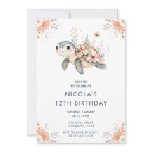 Fiesta de cumpleaños de tortuga floral cuta