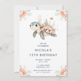 Invitación Fiesta de cumpleaños de tortuga floral cuta
