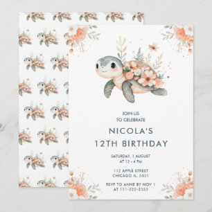 Invitación Fiesta de cumpleaños de tortuga floral cuta
