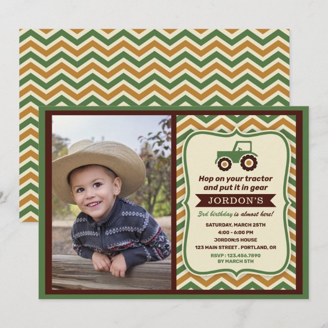 Invitación Fiesta de cumpleaños de Tractor Farmhouse Boy (Anverso / Reverso)