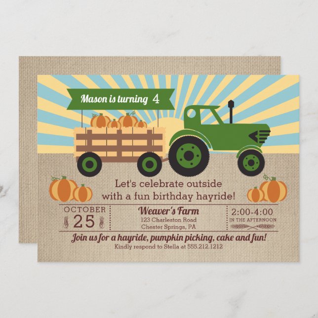 Invitación Fiesta de cumpleaños de Tractor Hayride Pumpkin Pi (Anverso / Reverso)