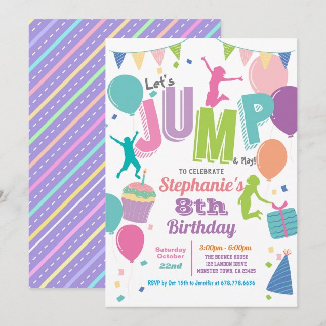 Invitación Fiesta de cumpleaños de Trampoline. Chicas colorid (Anverso / Reverso)