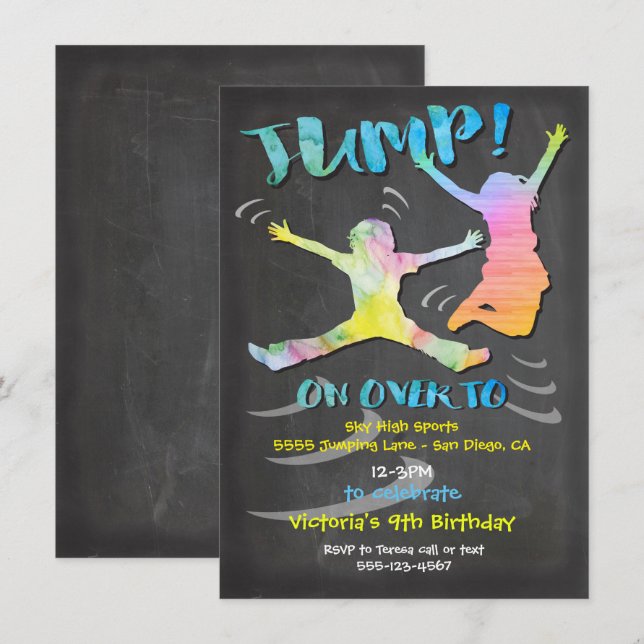 Invitación Fiesta de cumpleaños de Trampoline para niño o chi (Anverso / Reverso)