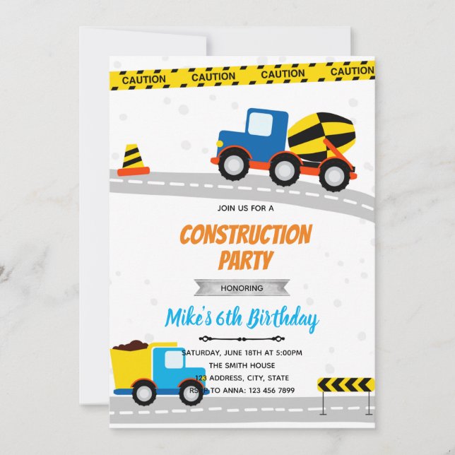 Invitación fiesta de cumpleaños de transporte de construcción (Anverso)