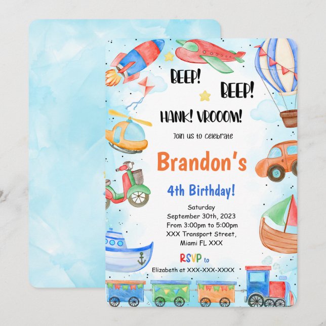 Invitación Fiesta de cumpleaños de transporte editable (Anverso / Reverso)