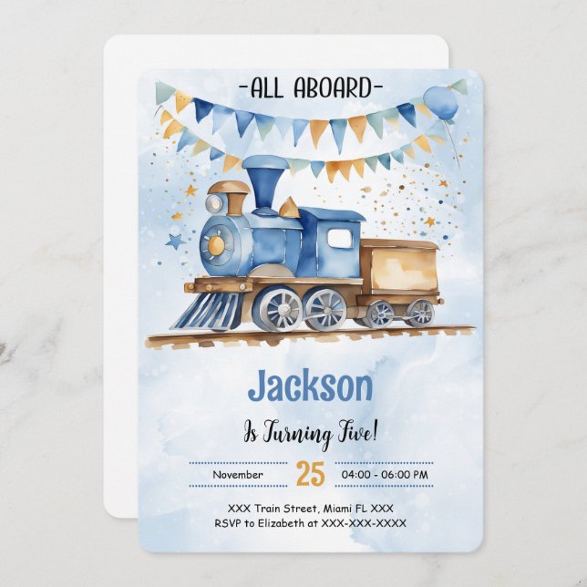 Invitación Fiesta de Cumpleaños de Tren 5 años (Anverso / Reverso)