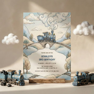 Invitación Fiesta de cumpleaños de tren azul acuarela para ni