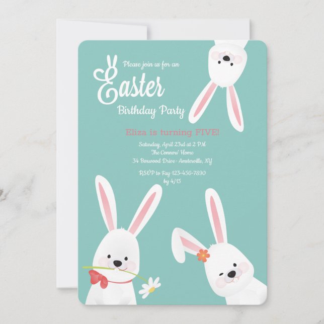 Invitación Fiesta de cumpleaños de tres conejitos de Pascua (Anverso)