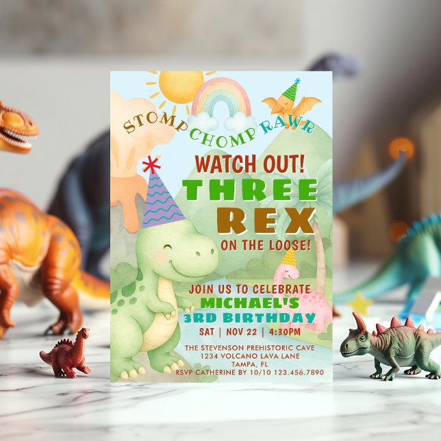 Invitación Fiesta de Cumpleaños de Tres Rex con Tema de Dinos (Subido por el creador)