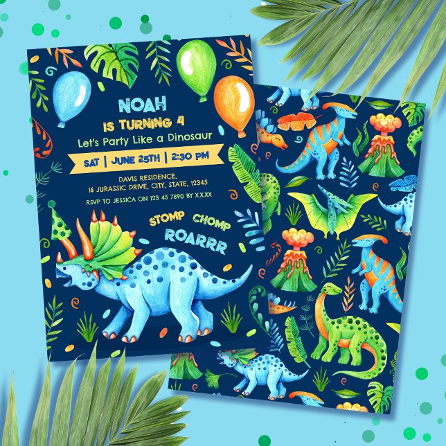 Invitación Fiesta de cumpleaños de Triceratops Boy Dinosaur A (Triceratops Dinosaur Boys Birthday Party Invitation)