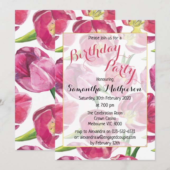 Invitación Fiesta de cumpleaños de tulipanes rosados florales (Anverso / Reverso)