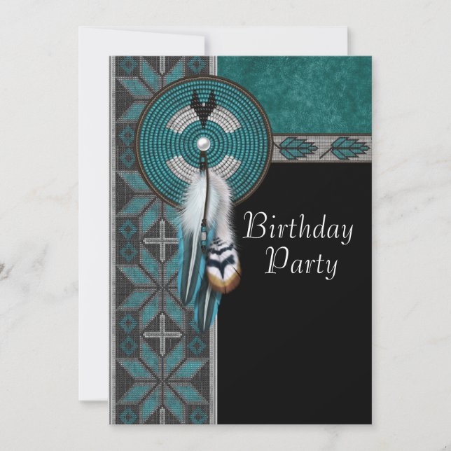 Invitación Fiesta de cumpleaños de Turquesa Azul Nativo Ameri (Anverso)