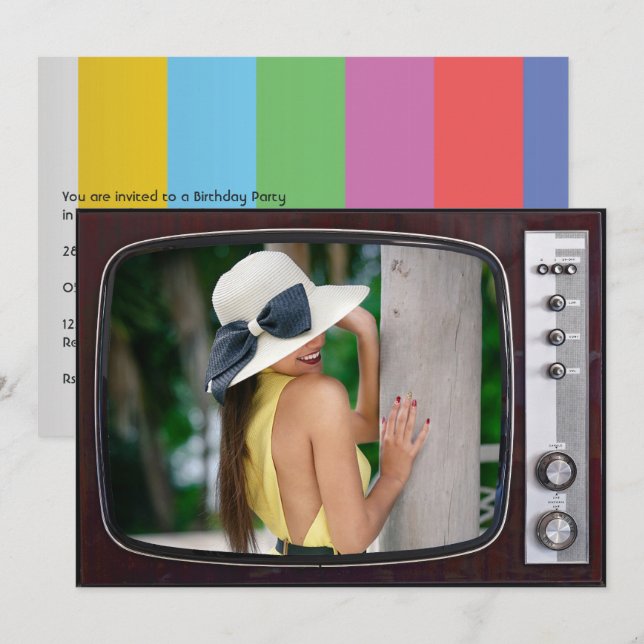 Invitación Fiesta de cumpleaños de TV Retro (Anverso / Reverso)