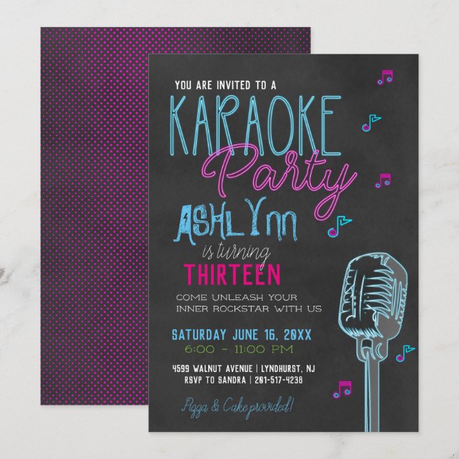 Invitación Fiesta de cumpleaños de Tween/Teen Karaoke (Anverso / Reverso)