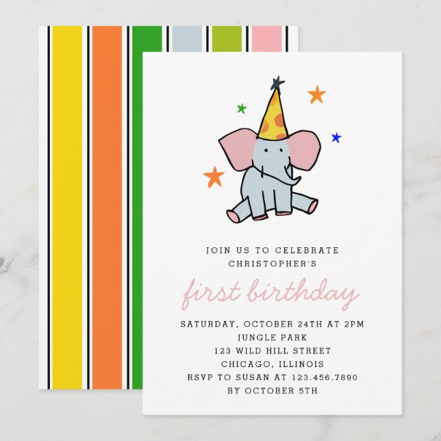 Invitación Fiesta de cumpleaños de un bebé elefante lindo (Anverso / Reverso)
