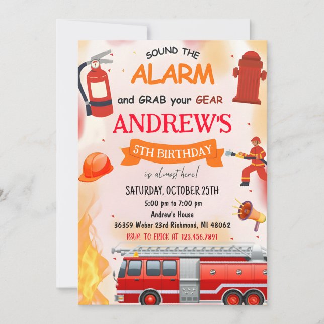 Invitación Fiesta de cumpleaños de un camión de bomberos para (Anverso)