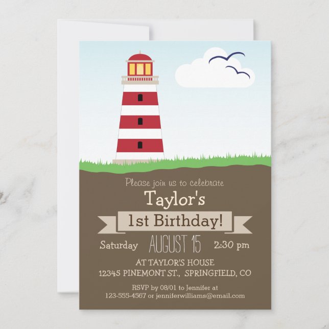 Invitación Fiesta de cumpleaños de un chico de faro náutico (Anverso)