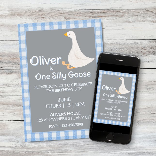 Invitación Fiesta de cumpleaños de un chico de Gingham azul y (One Silly Goose Blue Gingham Boy's Birthday Party Invitation and Download)