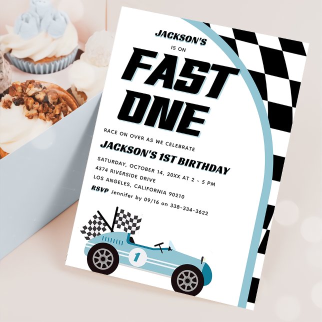 Invitación Fiesta de cumpleaños de un coche de carrera azul (Subido por el creador)