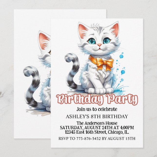 Invitación Fiesta de cumpleaños de un gato lindo y majestuoso (Anverso / Reverso)