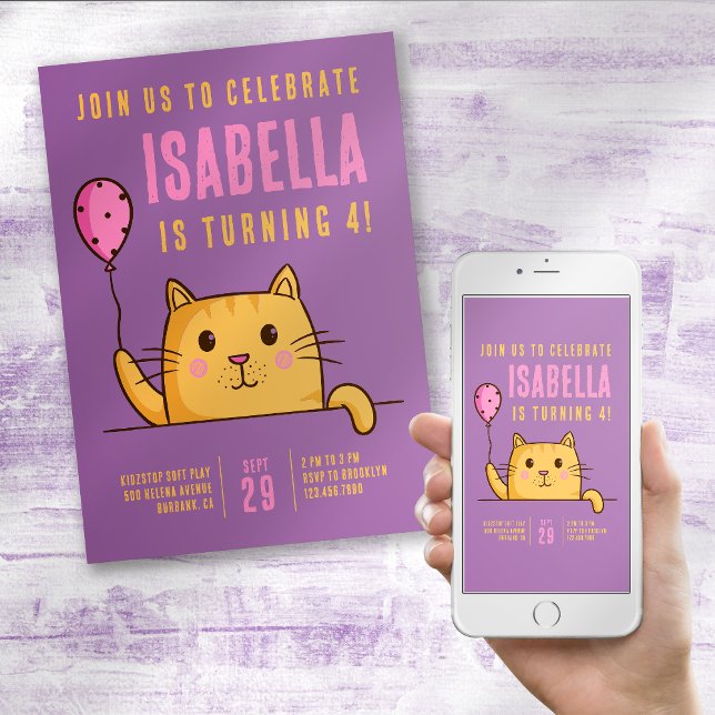 Invitación Fiesta de cumpleaños de un globo de gato bonito (Subido por el creador)
