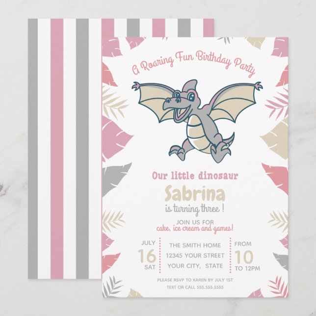 Invitación Fiesta de cumpleaños de un niño de dinosaurio blan (Anverso / Reverso)