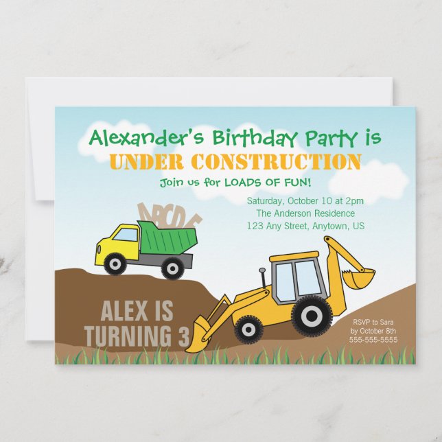 Invitación Fiesta de cumpleaños de un niño de la construcción (Anverso)