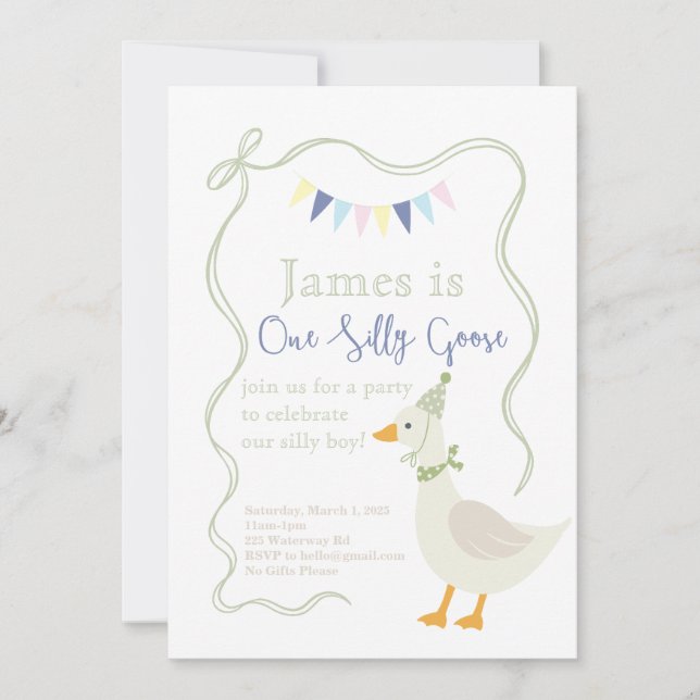 Invitación Fiesta de cumpleaños de un tímido ganso (Anverso)
