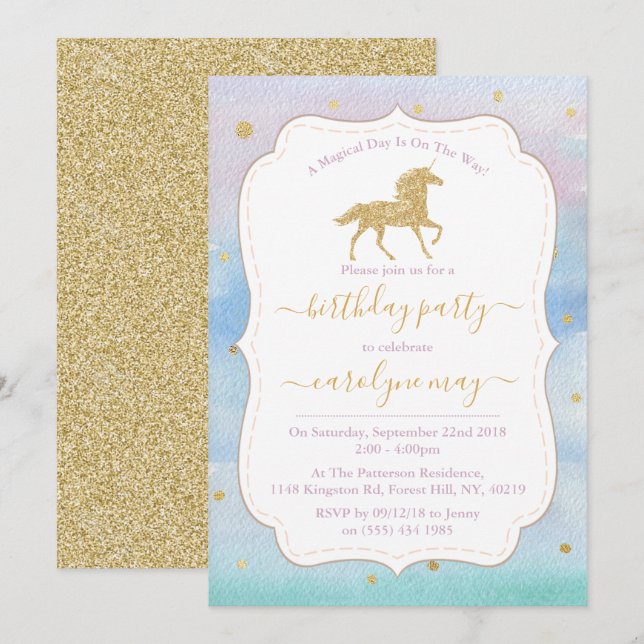 Invitación Fiesta de cumpleaños de Unicorn, Purpurina de oro (Anverso / Reverso)