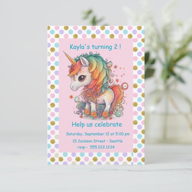 Invitación Fiesta de cumpleaños de Unicornio (Anverso de pie)