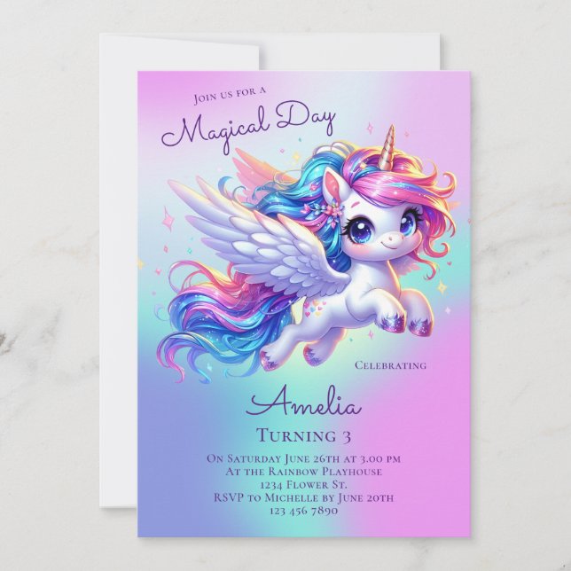 Invitación Fiesta de cumpleaños de Unicornio (Anverso)