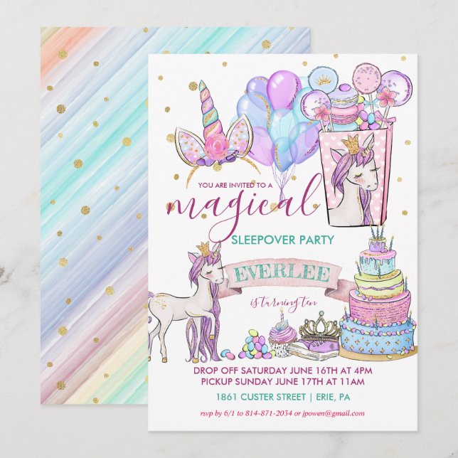 Invitación Fiesta de Cumpleaños de Unicornio (Anverso / Reverso)