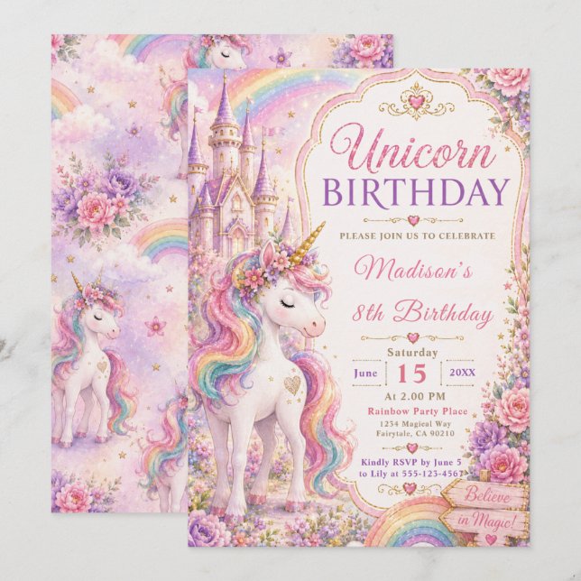 Invitación Fiesta de cumpleaños de unicornio (Anverso / Reverso)