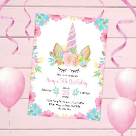 Invitación Fiesta de cumpleaños de unicornio acuarela floral 
