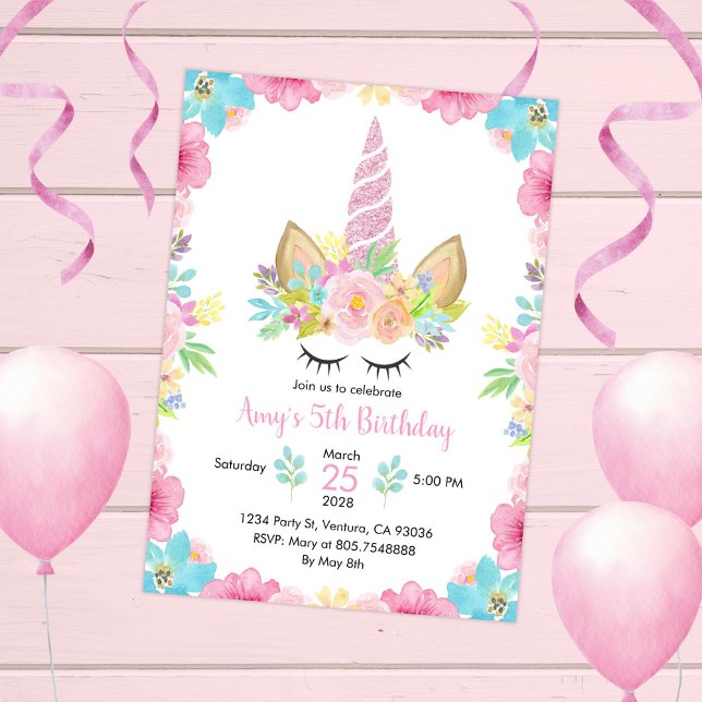 Invitación Fiesta de cumpleaños de unicornio acuarela floral  (Subido por el creador)